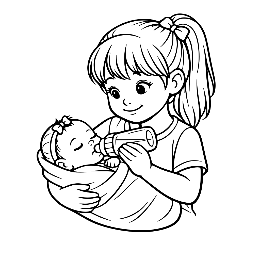 een meisje met haar pasgeboren zusje. de grote zus geeft haar kleine babyzusje een flesje.