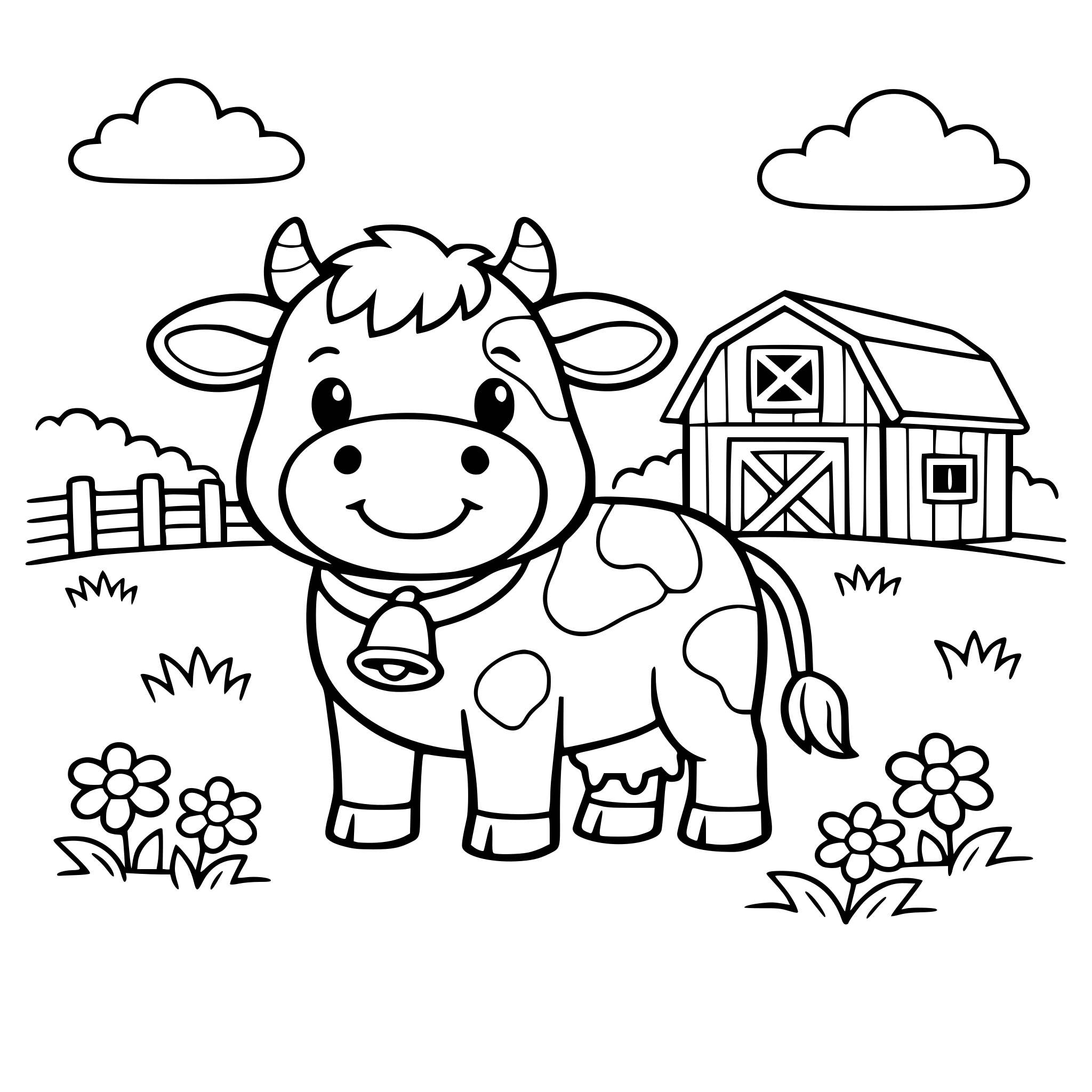 Cute smiling cow standing in a grassy farm field with a small barn in the background