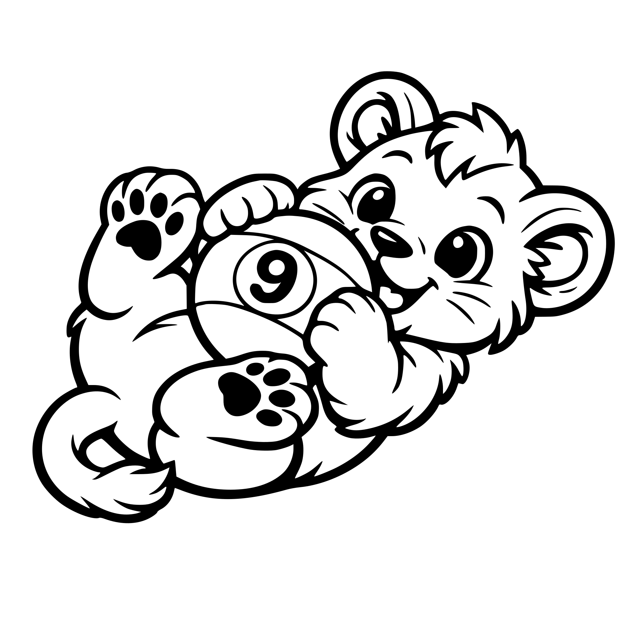in easy bold style create a lion cub playing on its back with a 9 ball in its paws. no background. should be cute so the 9 ball should be 3/4 the size of its head.