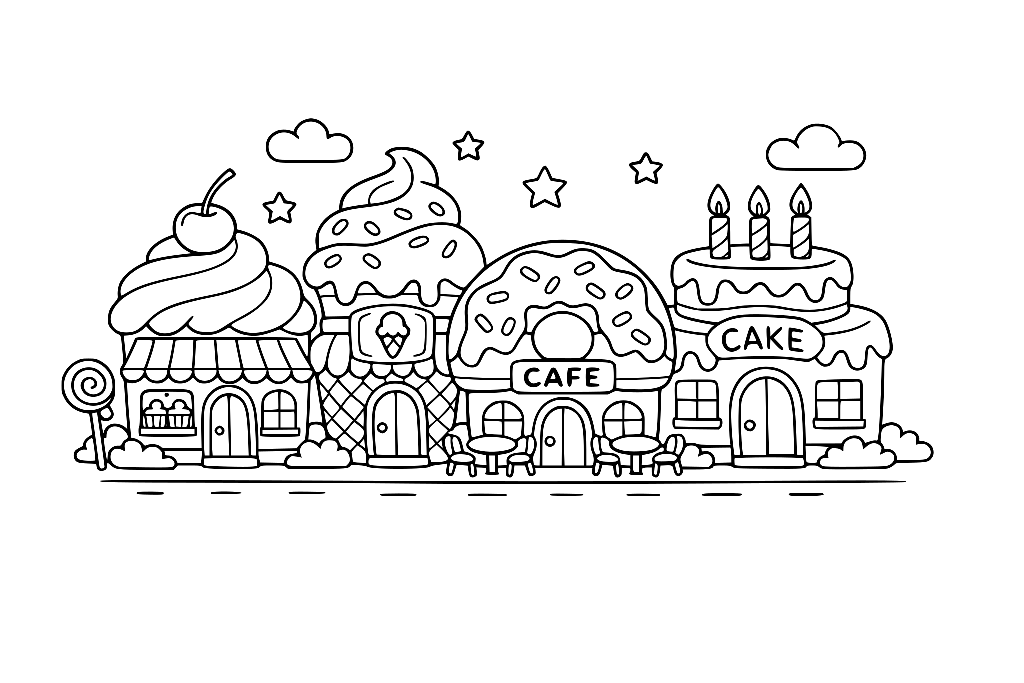 A bakery street where every building is a dessert. Keep rounded shapes + minimal line weight variation.