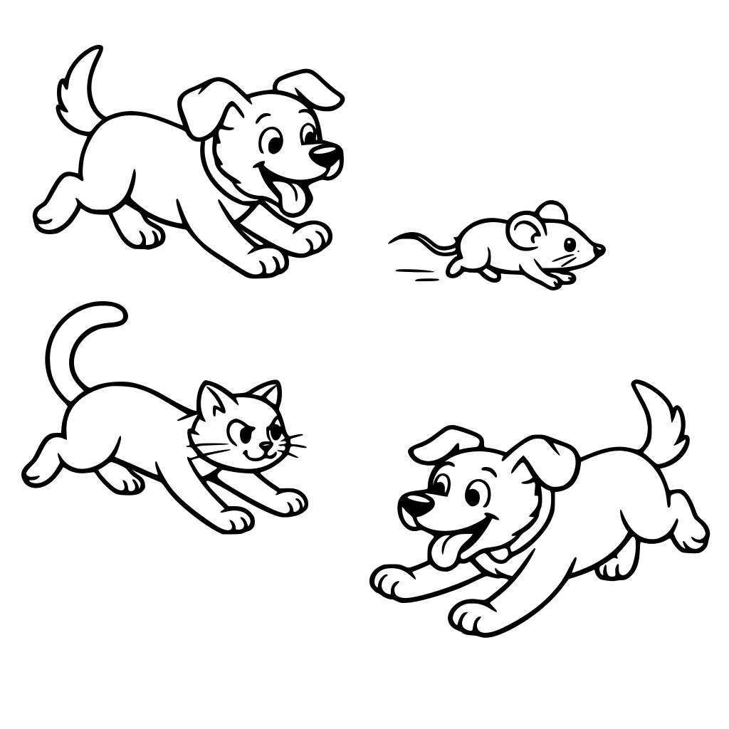 create a book where the main charactor is a dog which spots a mouse and chases it then meet a cat which also chases the mouse and the dog chases the cat