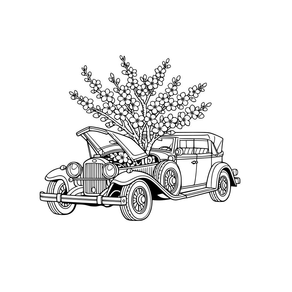por favor dibuja un lujoso coche de principios del siglo pasado. y sobre el capó abierto. un almendro en flor saliendo de él