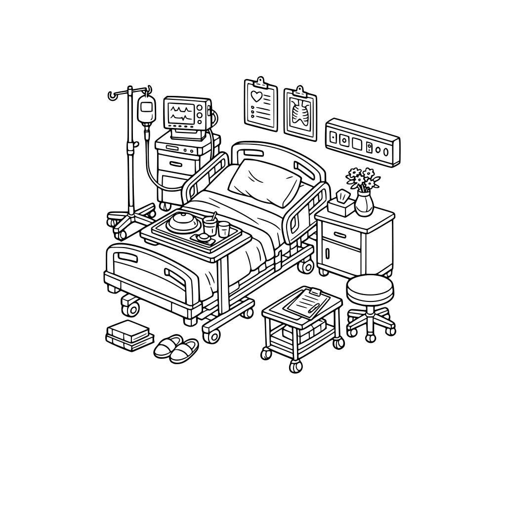 cozy hospital room with hospital bed, iv drip, tray, charts, etc. no animals. 3d isometric.