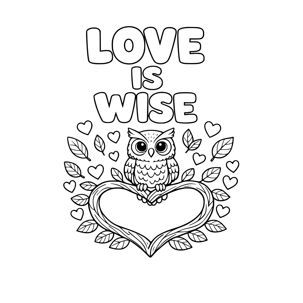 an owl sitting on a branch shaped like heart. Big text" Love is wise. Leaves and hearts around. Please use bubble letters so that students can color in the letters.