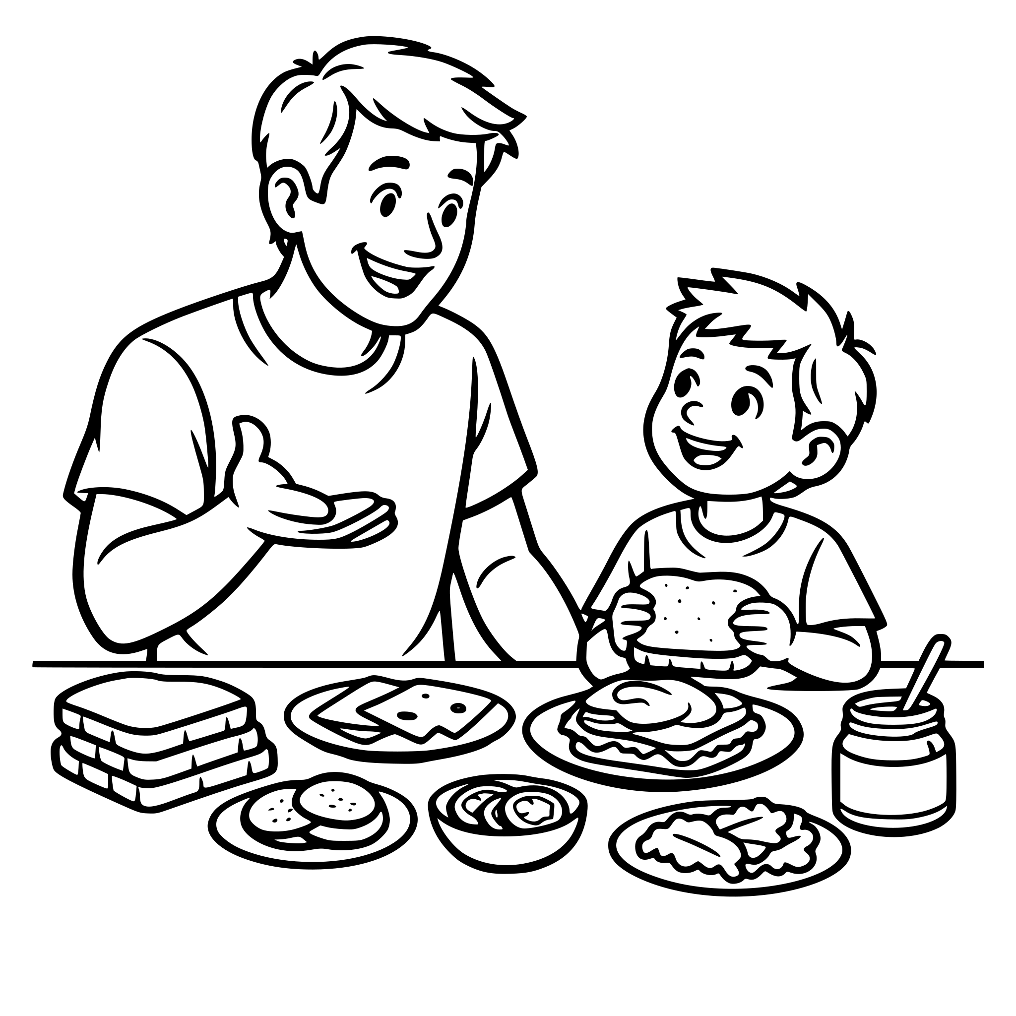 Create an image of a dad asking for his help to make lunch. They are making sandwiches. White background, isolated.