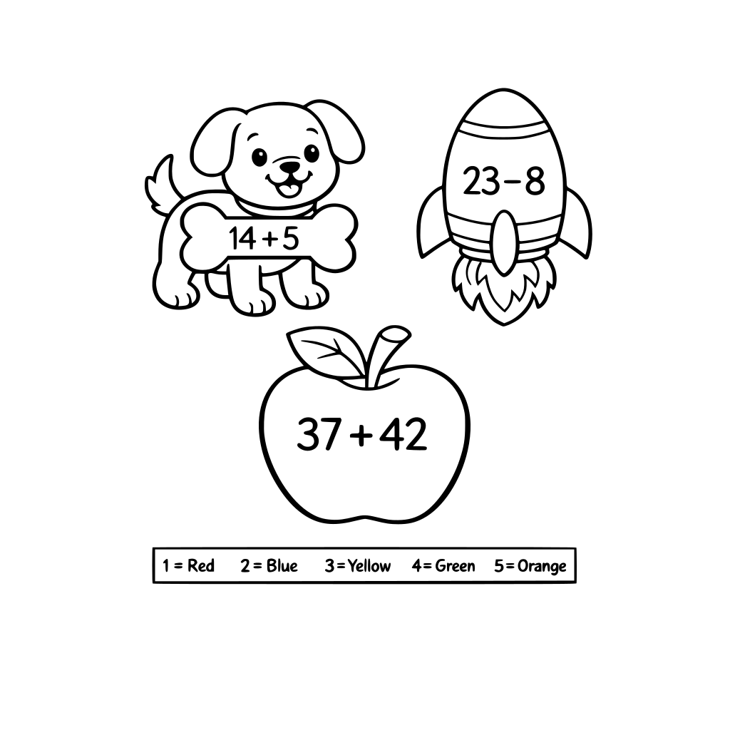 Black and white coloring page for kids, thick outlines, educational, 2-digit addition and subtraction problems inside large shapes, color by number key at the bottom, 8.5x11 inch, high contrast, clear ink lines, cute theme [e.g., puppy, spaceship, apple]