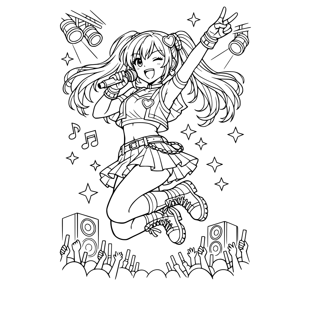 Portrait oriented coloring book page that is black and white with a k-pop singer performing at a concert. She is a young female pop star singing into a microphone while jumping up in the air. Fill the whole page top to bottom with great detail. Anime cartoon style.