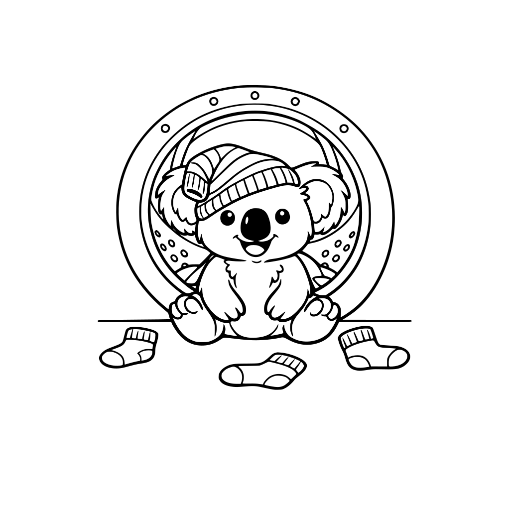 A funny koala who climbed into the dryer and now he has sock on top of his head and on the floor. simple.