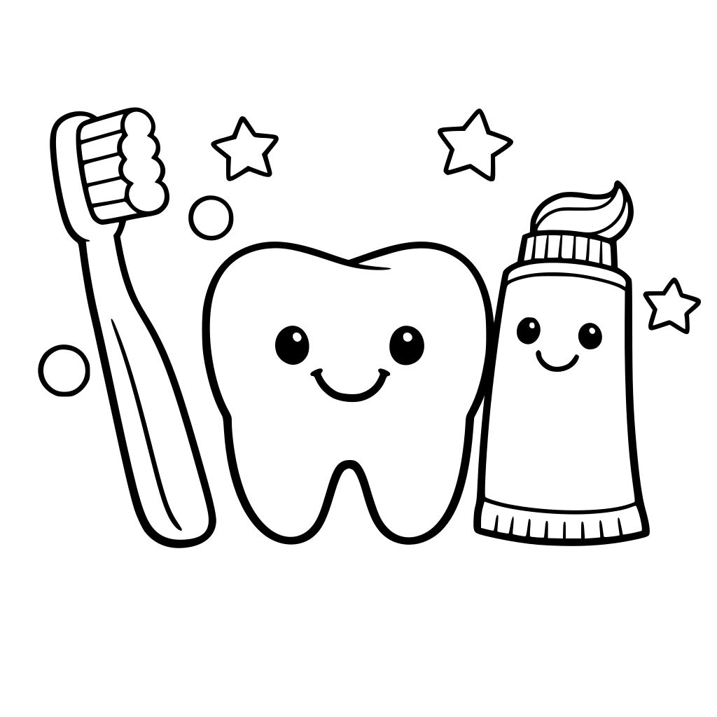 “A very simple black-and-white kids coloring page about dental hygiene, with a smiling tooth, toothbrush, and toothpaste, bold thick outlines, extra large open spaces, minimal background, cute friendly storybook style, easy for toddlers to color, no shading, no grayscale.”