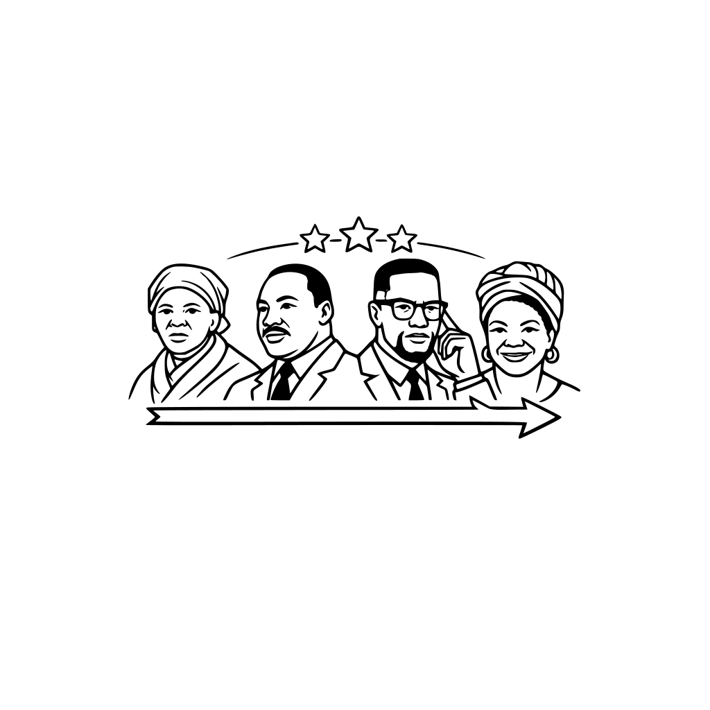 Silhouettes or illustrated portraits of iconic Black historical figures (e.g., Harriet Tubman, Martin Luther King Jr., Maya Angelou, Malcolm X) arranged in a timeline style.