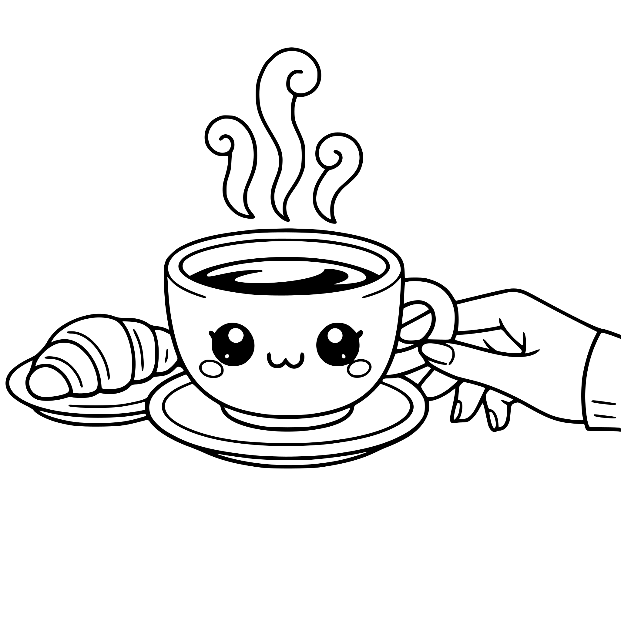 Tasa de cafe estilo kawaii con vapor en una mesa al lado un pan y una mano de mujer