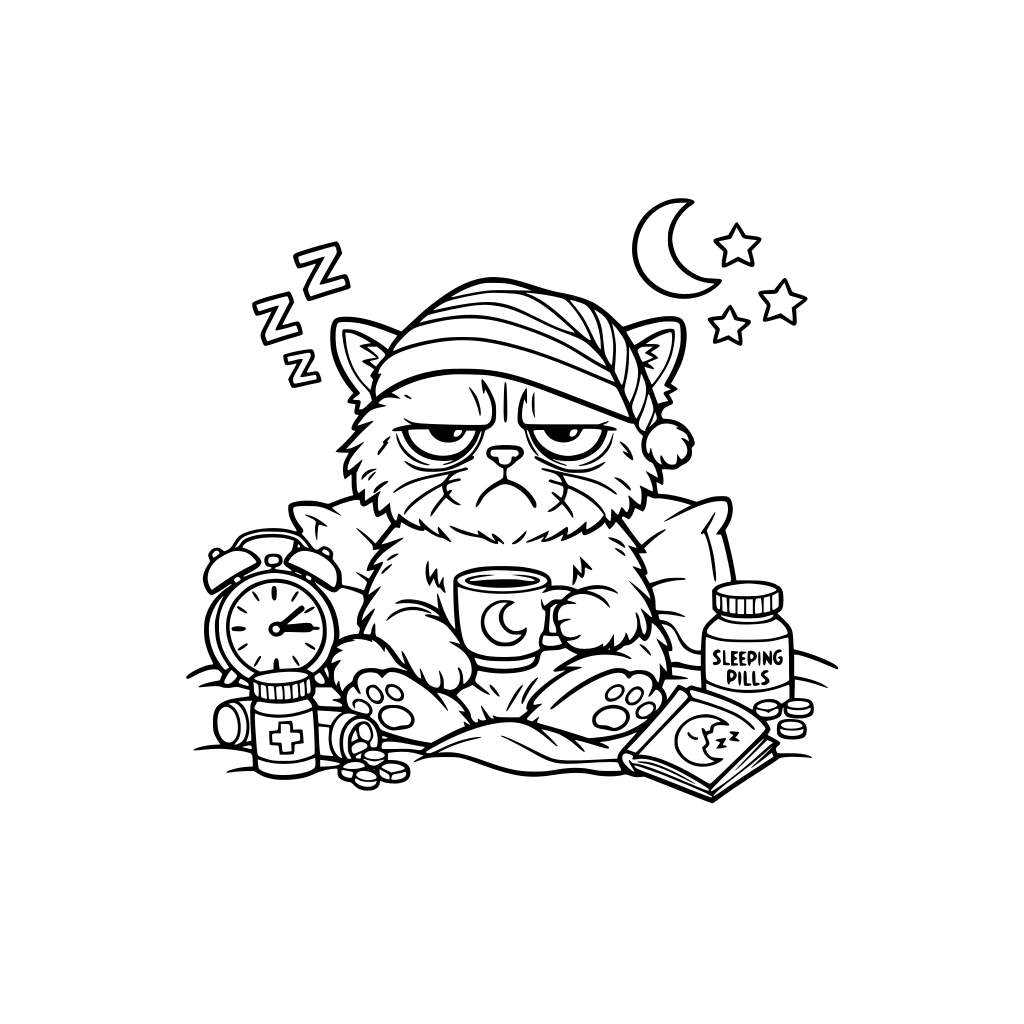 A grumpy cat with insomnia
