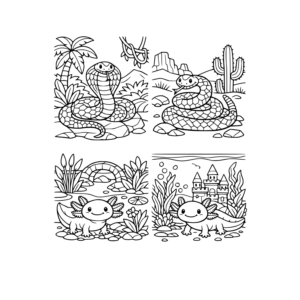 un livre de coloriage de serpent dans differents environnement , de axolotl dans differents bassins et aquarium avec pleins de types d herbes
