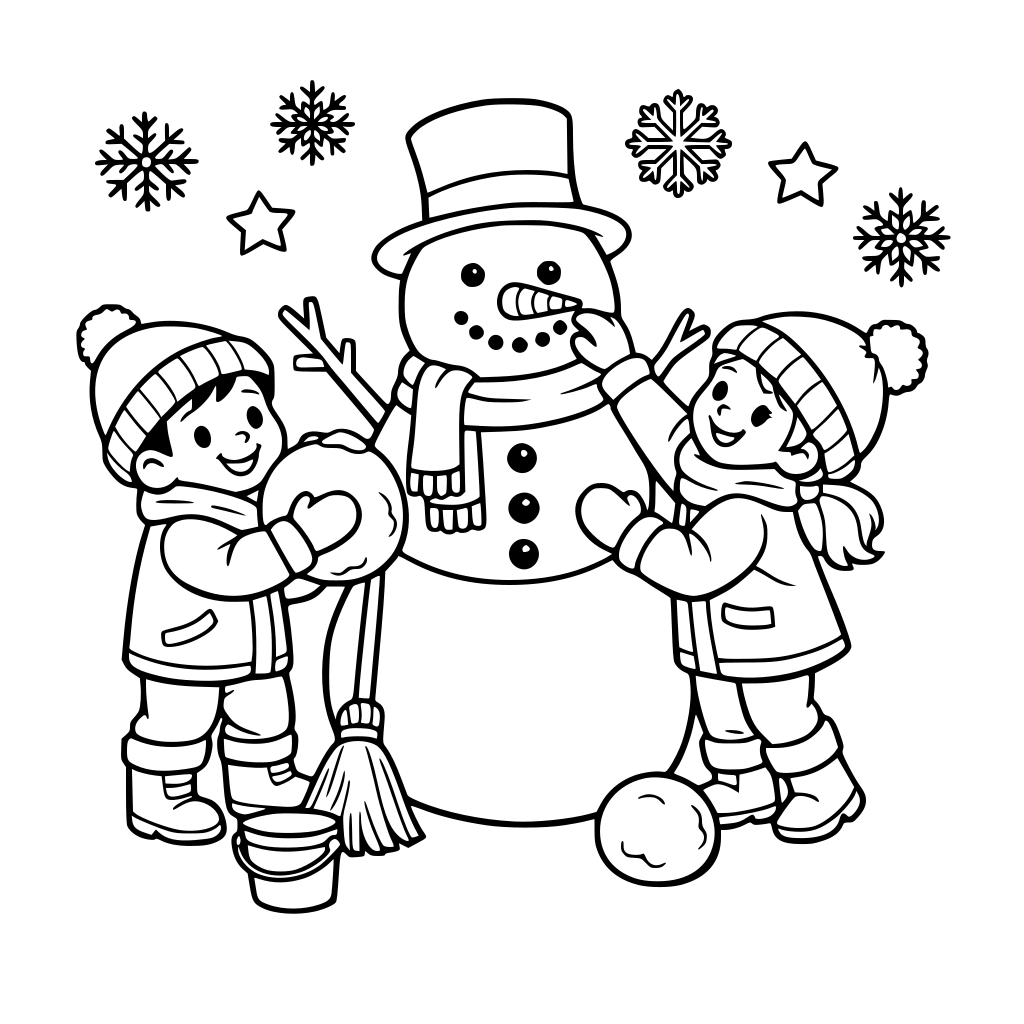 Winter scene children building a snowman