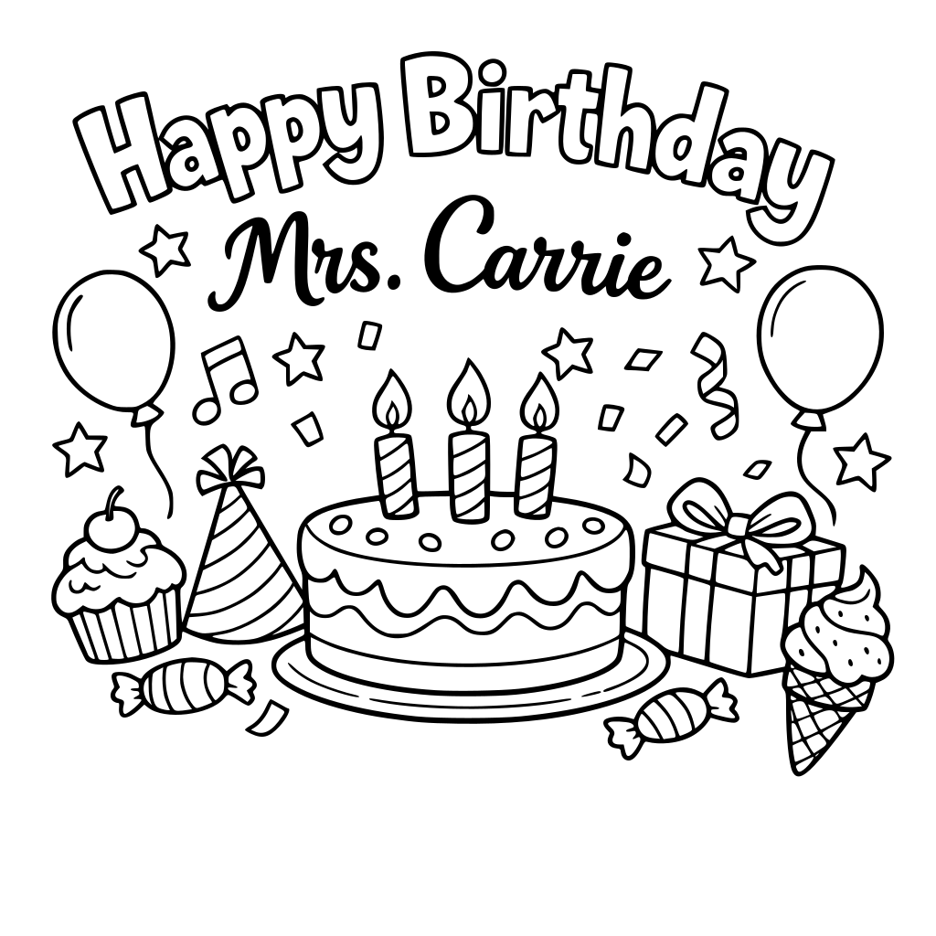 A happy birthday coloring page that says happy birthday Mrs. Carrie.