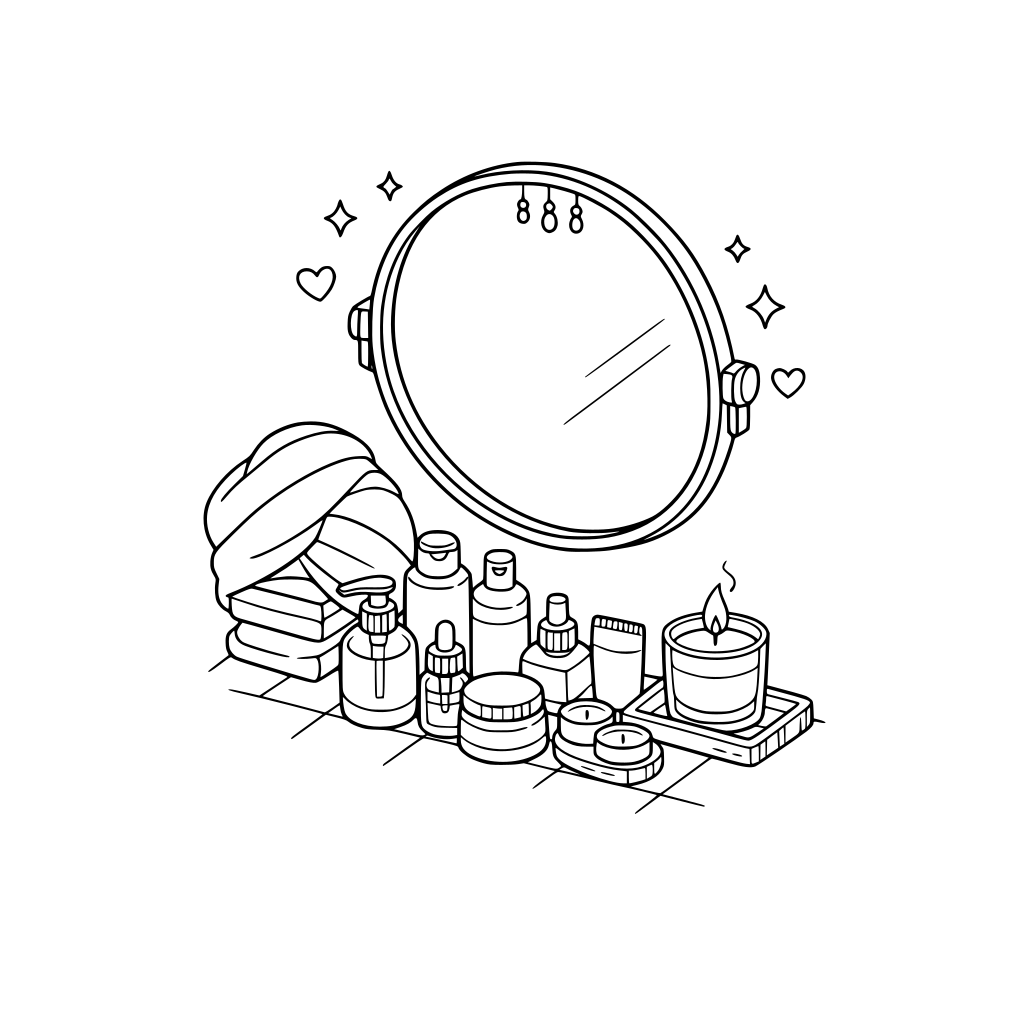 hygge style, cute and cozy, 3d isometric, Bathroom mirror, skincare bottles, hair towel, candle lit on counter. no characters, no animals.