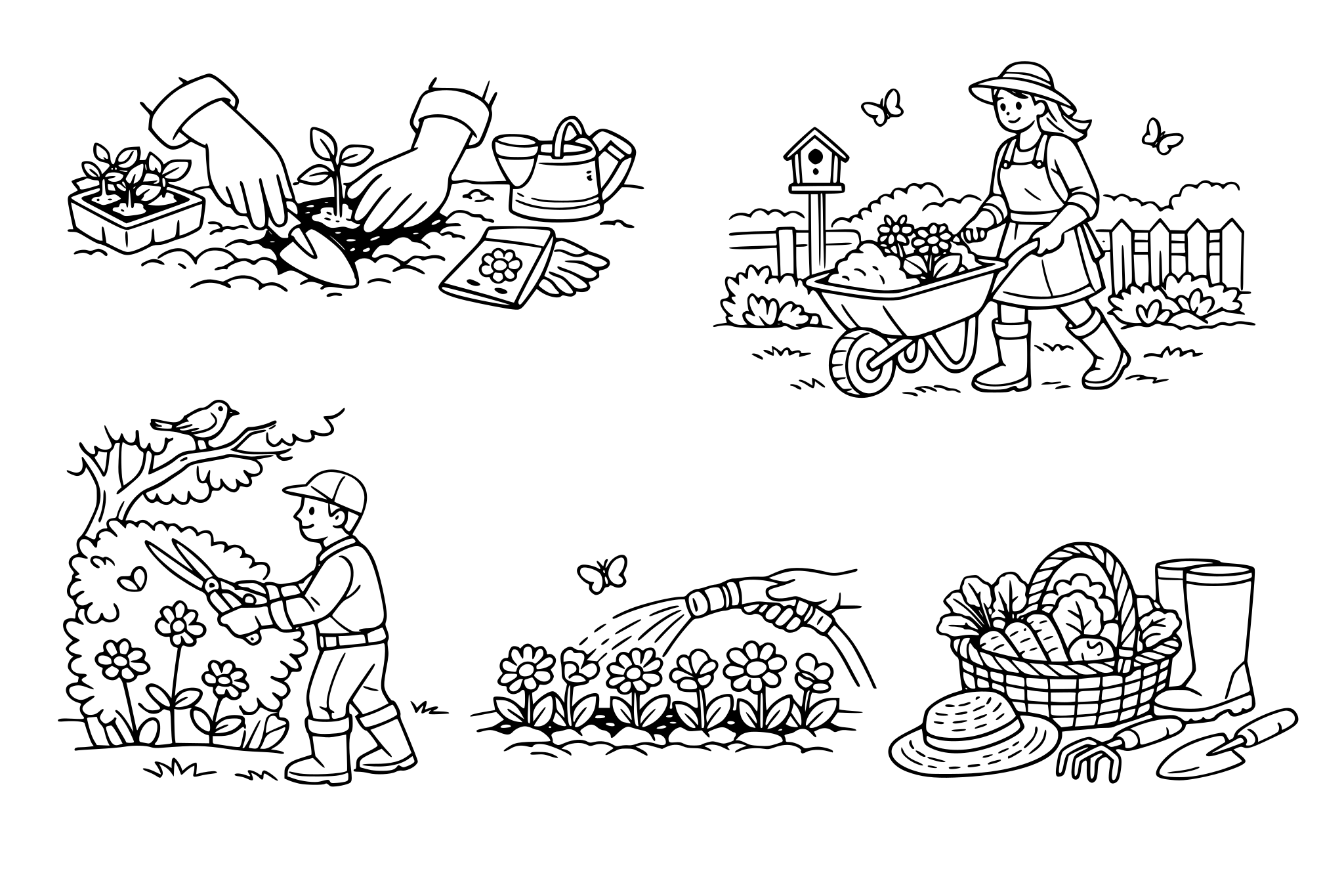 stworz mi 5 ilustracji przedstawiających prace w ogrodzie wiosną