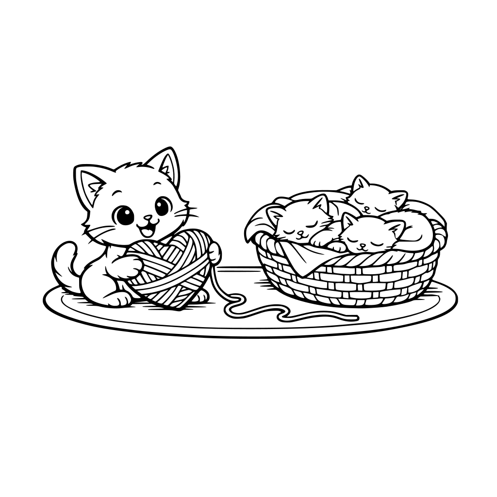 A kitten playing with a heart-shaped ball of yarn. on the rug inside the house. There is a basket full of sleeping kittens.