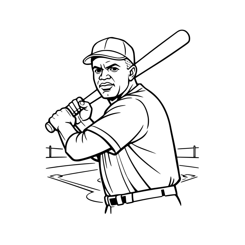 Jackie Robinson holding a baseball bat, confident determined expression, minimal baseball field outline in background, mid-body framing.