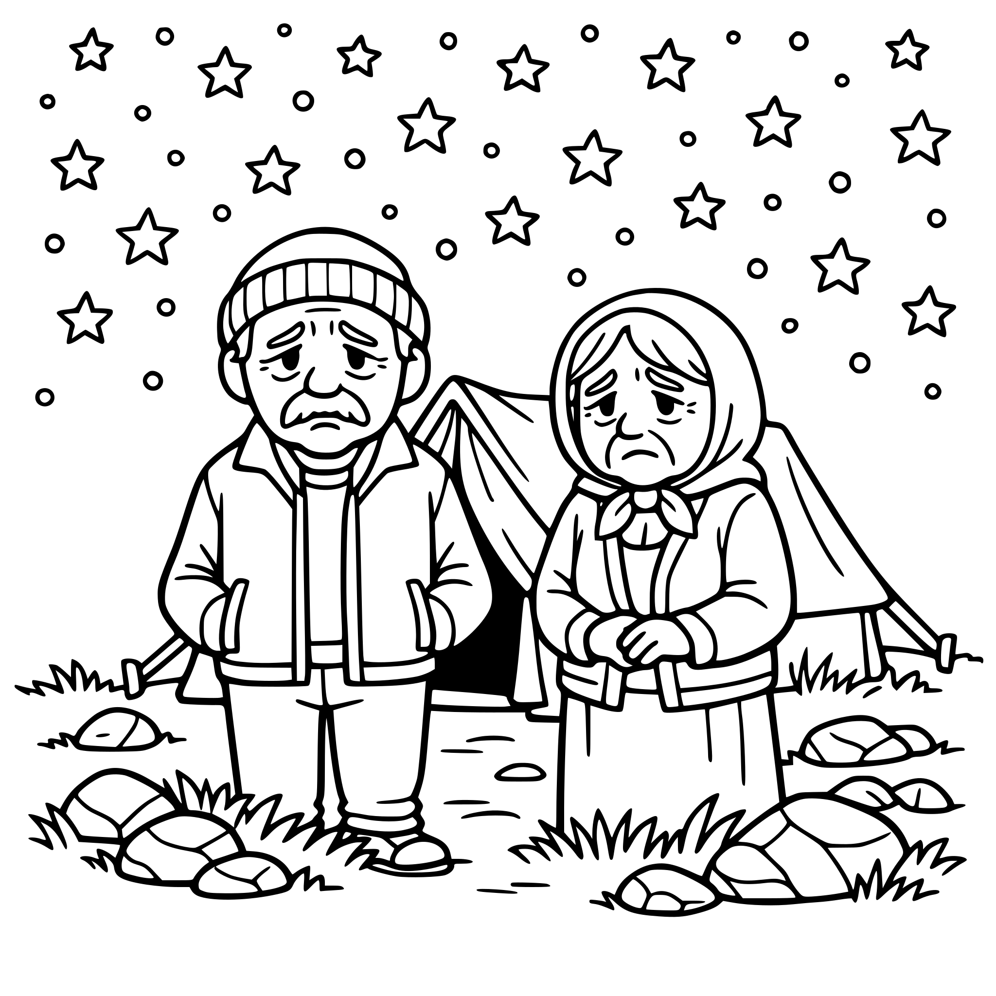 create a design with an old man and woman looking sad standing outside a tent make it night time with lots and lots of stars in the sky; include grass and rocks