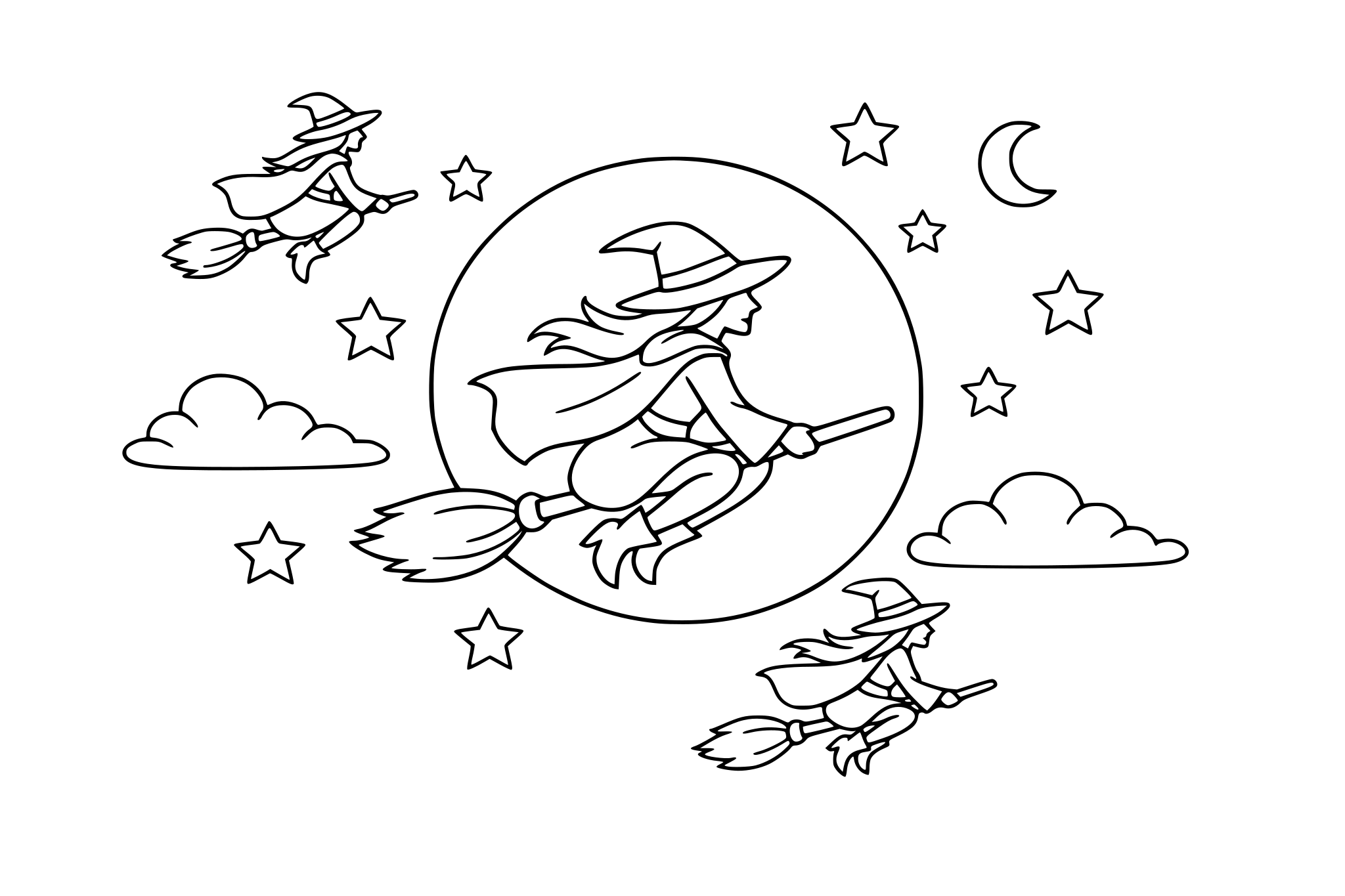 Witches flying on brooms in the moon sky. minimalist line.