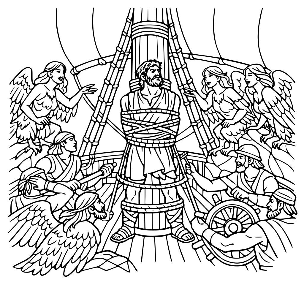 Odysseus on his ship, tied to the mast and surrounded by his sailors. Opposite him, the Greek sirens (with bird wings) try to bewitch him.