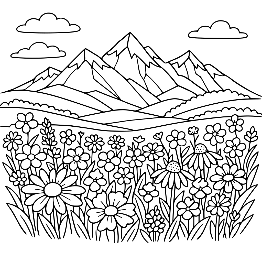 a field of wildflowers with mountains in the background