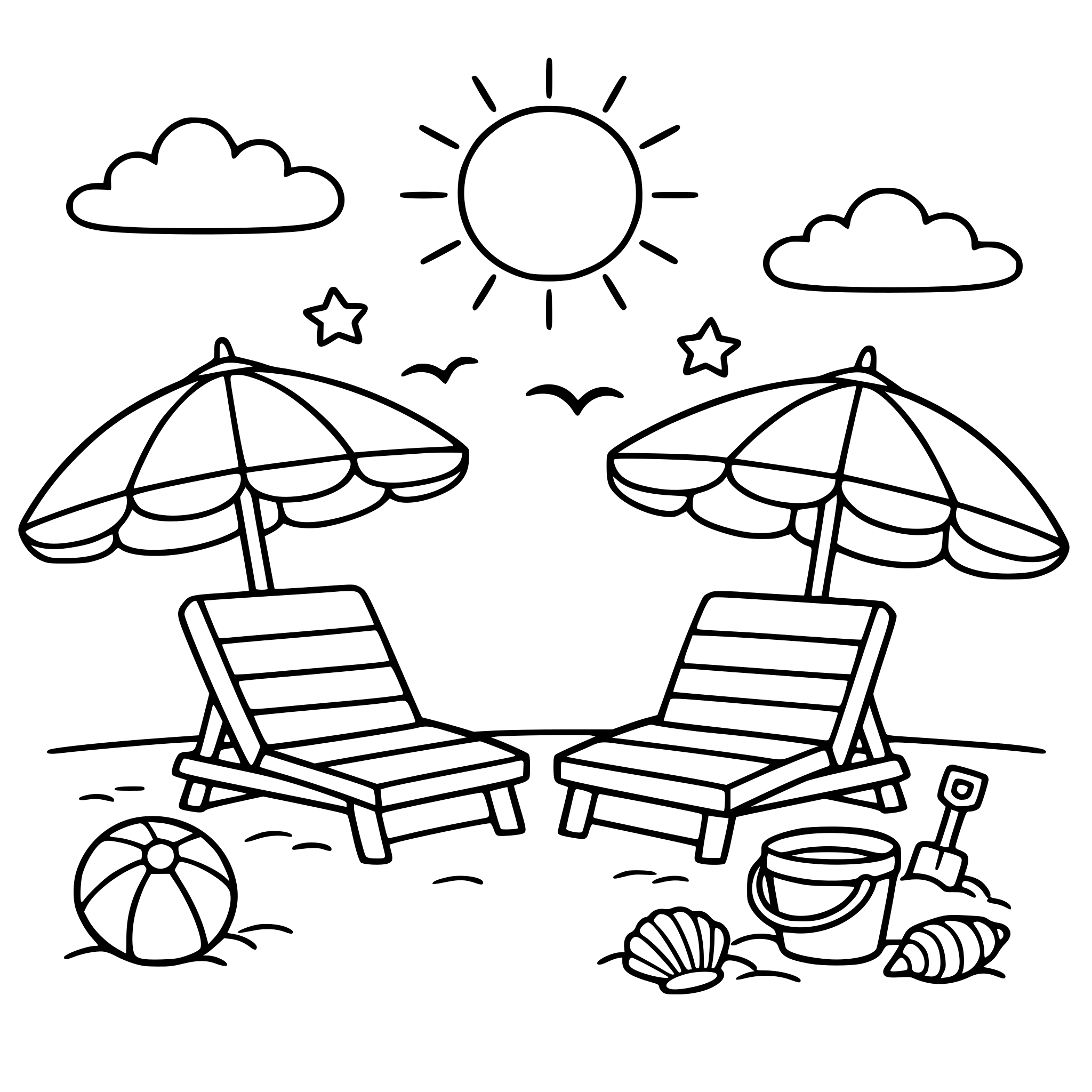 Beach chairs with parasols are very pleasant.