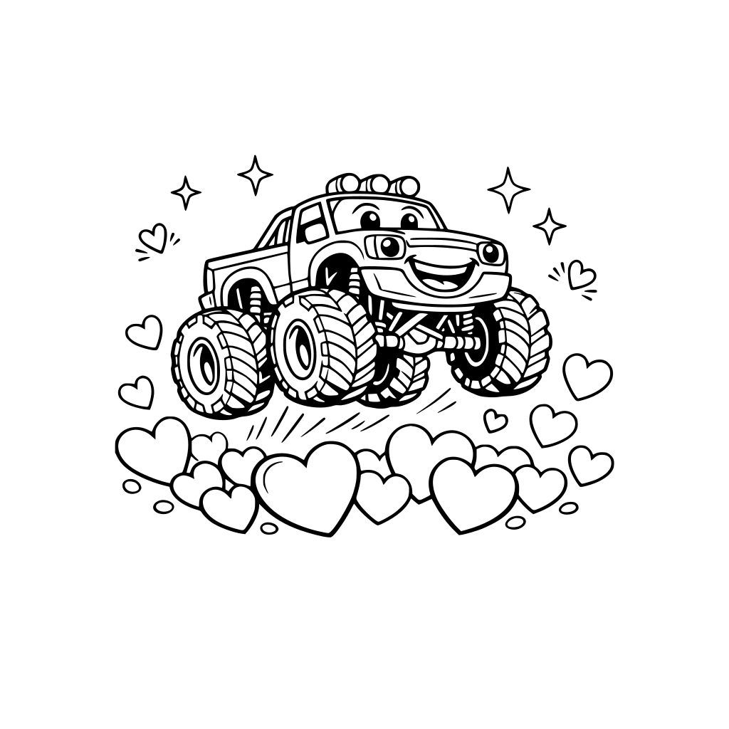 “Smiling monster truck jumping over floating pink and red hearts, dynamic motion, cartoon style, cheerful atmosphere.”