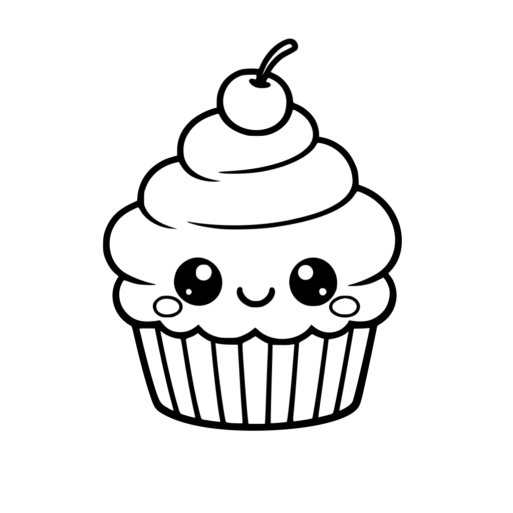 Kawaii cupcake with big cute eyes and smiling face, simple bold line art, black and white coloring page, thick clean outlines, no shading, white background, kids coloring book style, centered, printable
