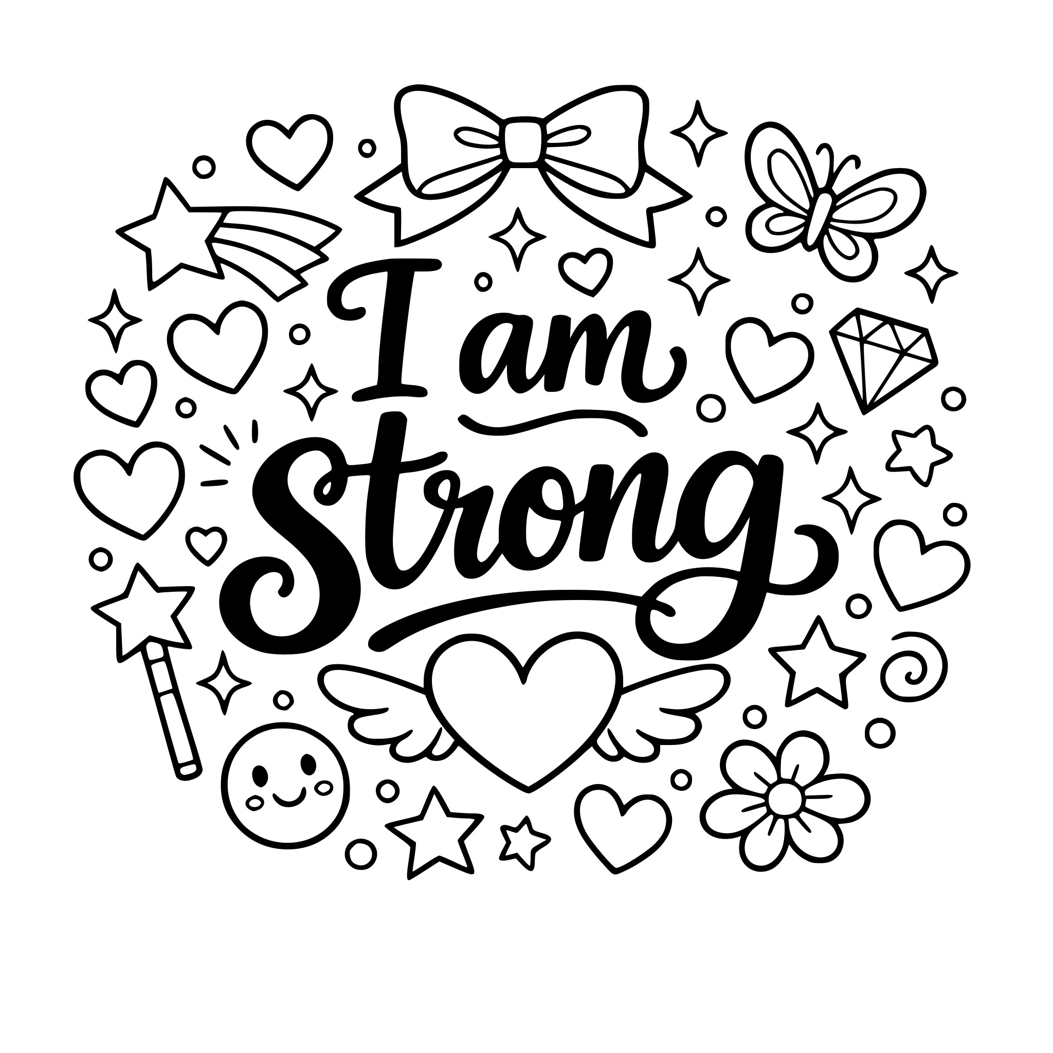 "i am strong" decorative slogan with stars, hearts, and girly deco
