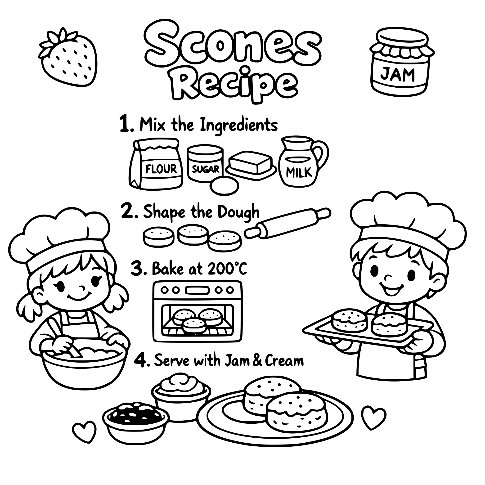 Dessin scène avec recette scones enfantin