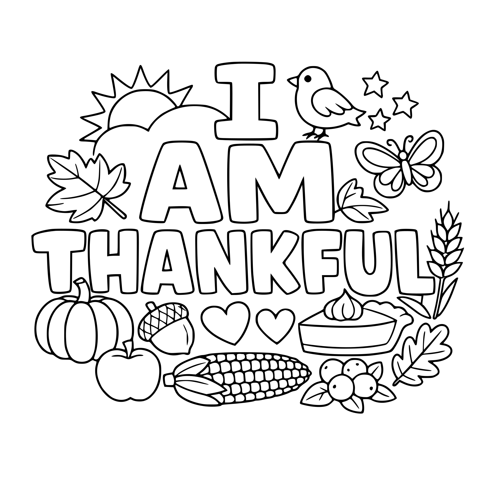 "I am thankful" coloring letters with items around the letters that work with the lettering.