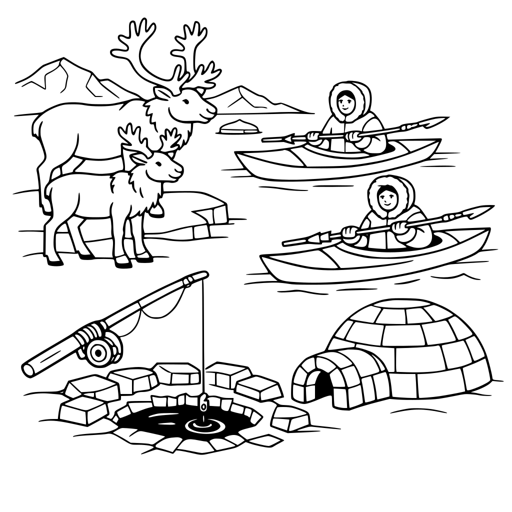 Noordpoolgebied met kariboe's, nomaden met kajaks en harpoenen. Een wak met een vishengel. een iglo