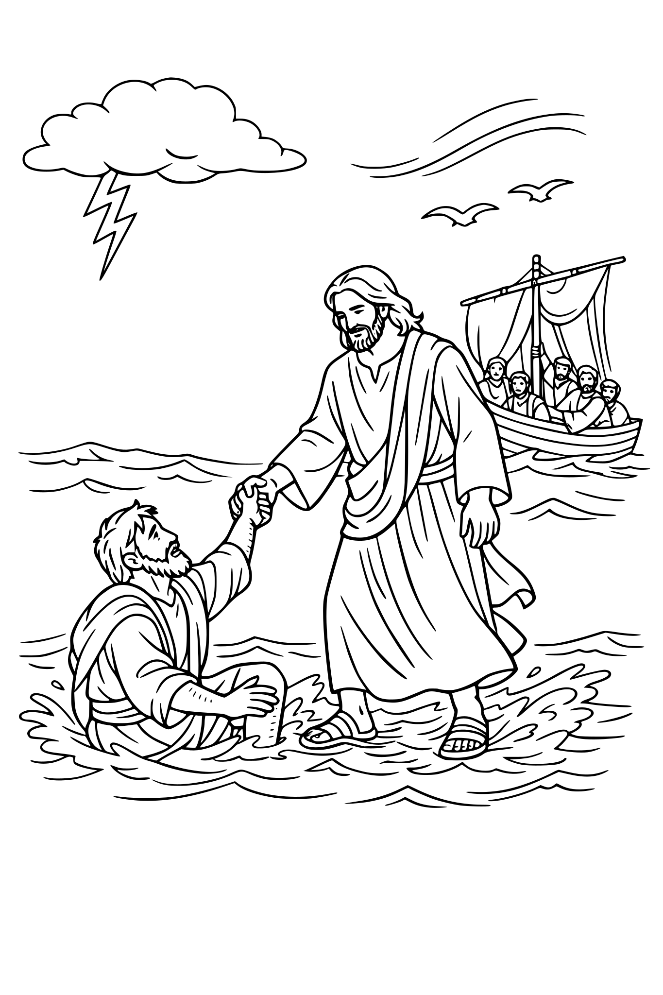 Jesus walks on water with Peter in the storm. with the other disciples in the ship