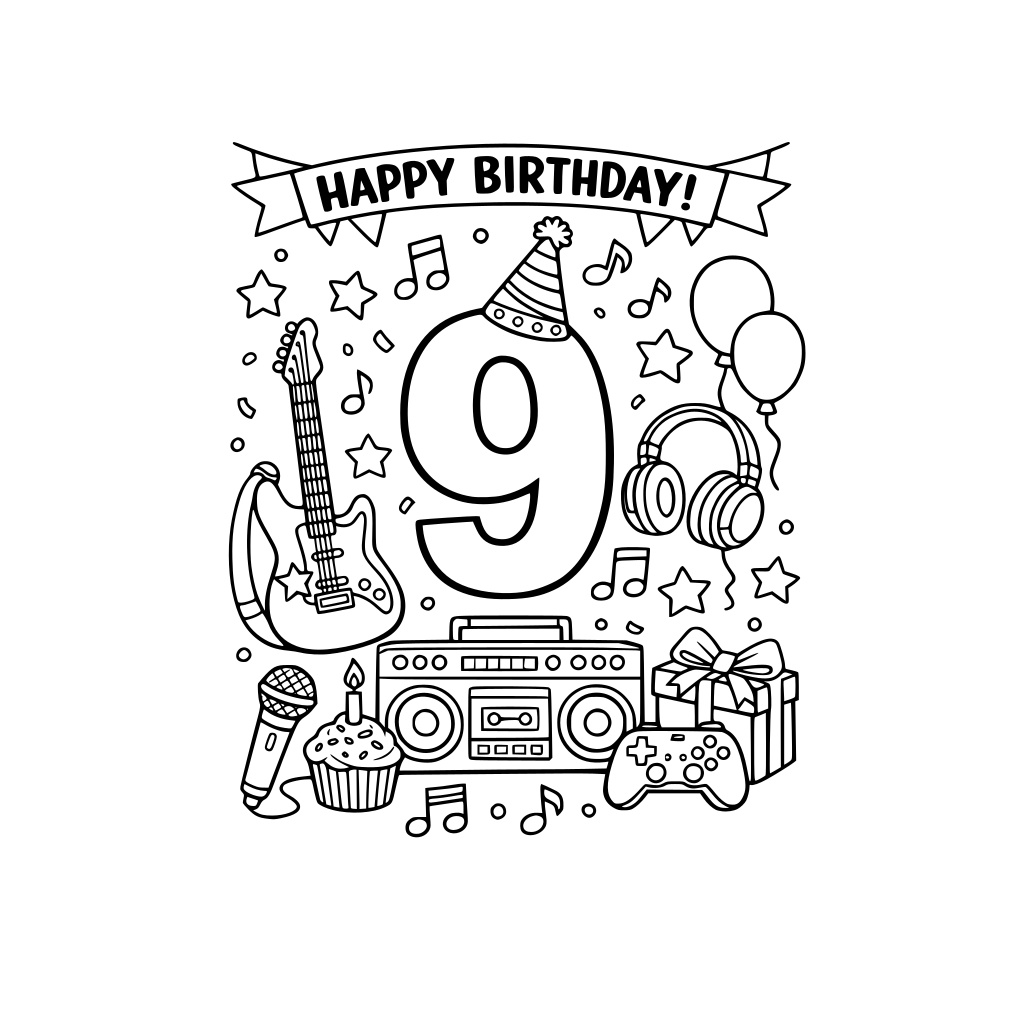 music related birthday party coloring page related to music for a 9 year old