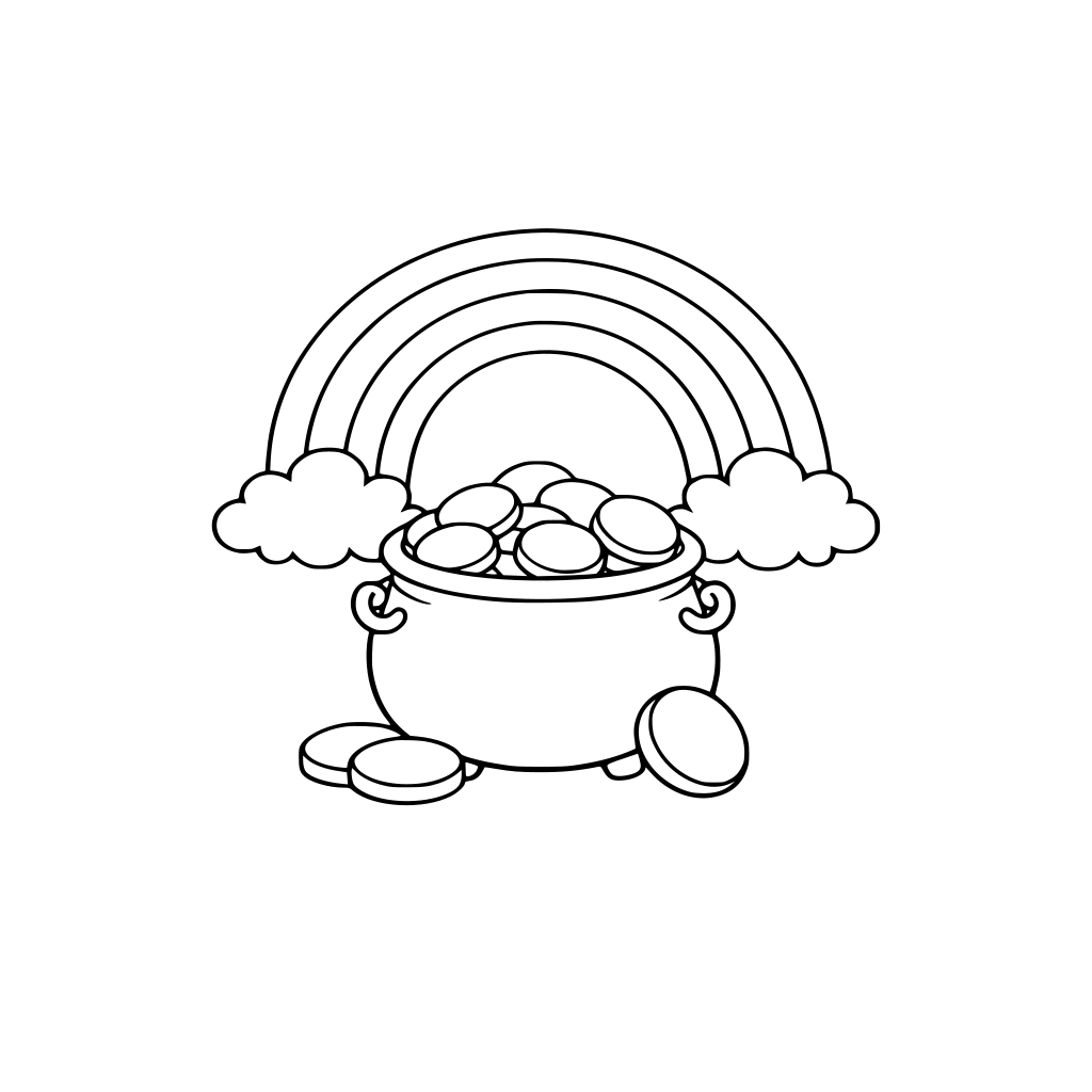 • Big rainbow (5 thick stripes) • Pot of gold with oversized coins • 2 clouds at rainbow ends • Large circles for coins (easy coloring)