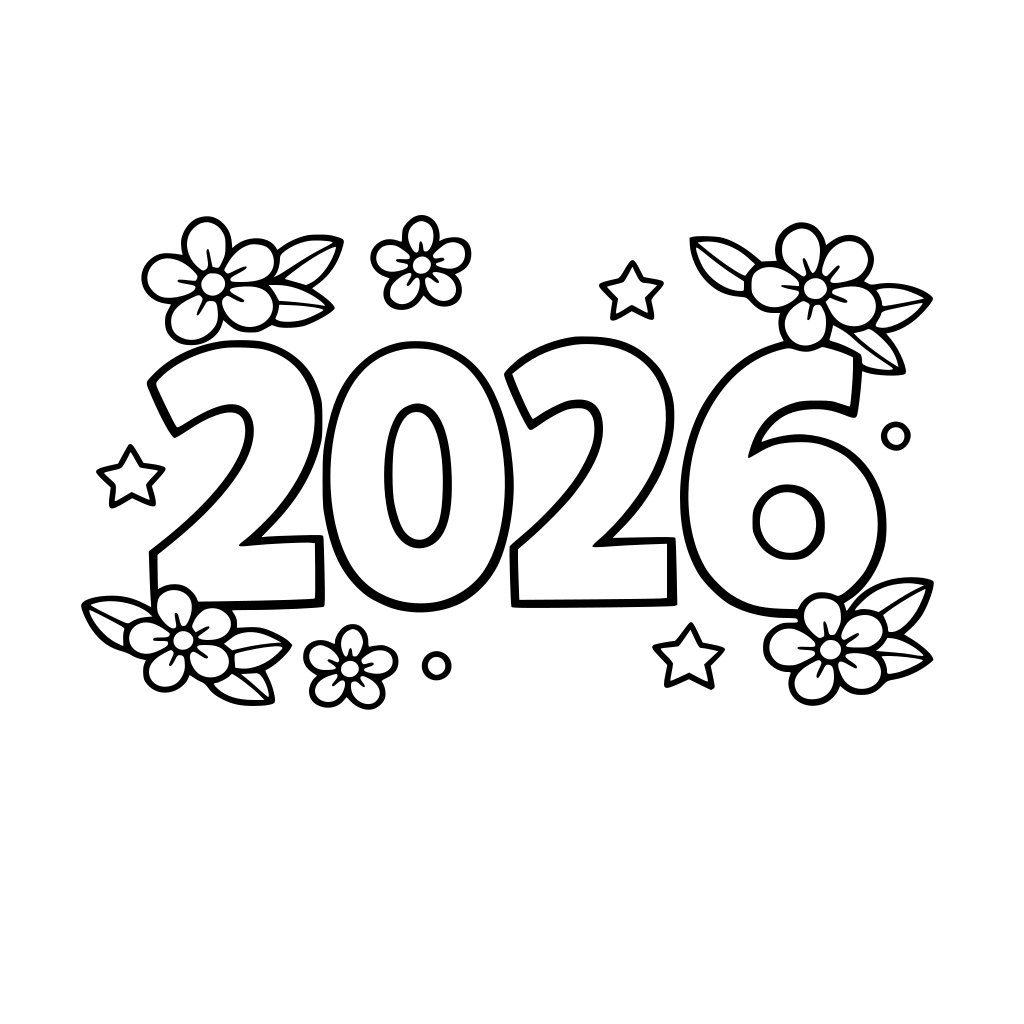 2026 numbers decorated with simple floral elements, clean black and white coloring book style, bold outlines, minimal flowers, white background