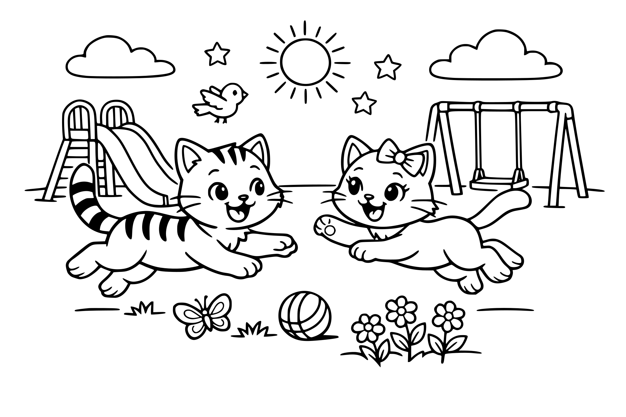 Un gato y una gata jugando en un parque