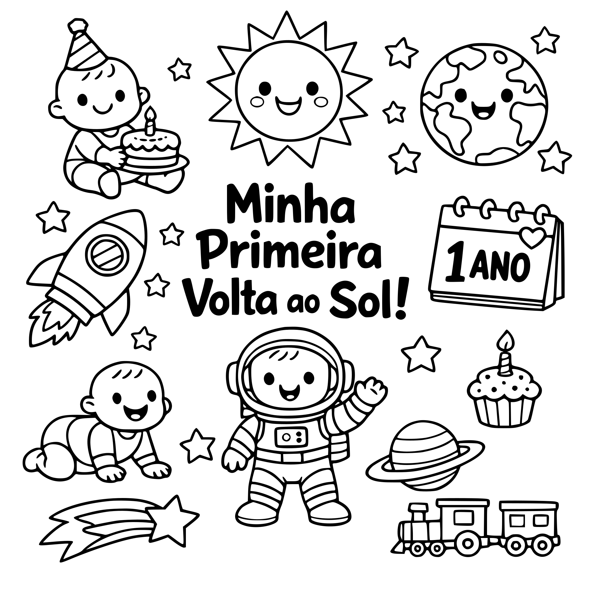 Crie 10 desenhos infantis da minha primeira volta ao sol