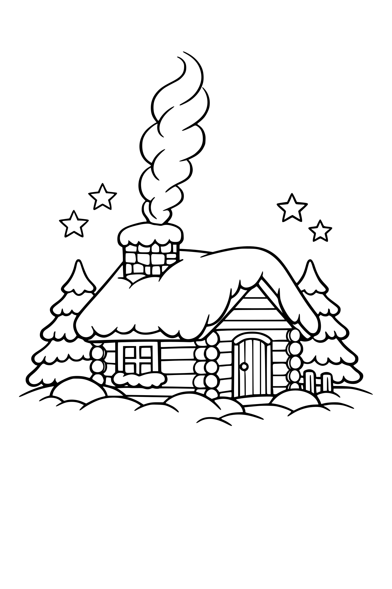 A small cabin covered in snow , with the smoke rising up from the chimney.