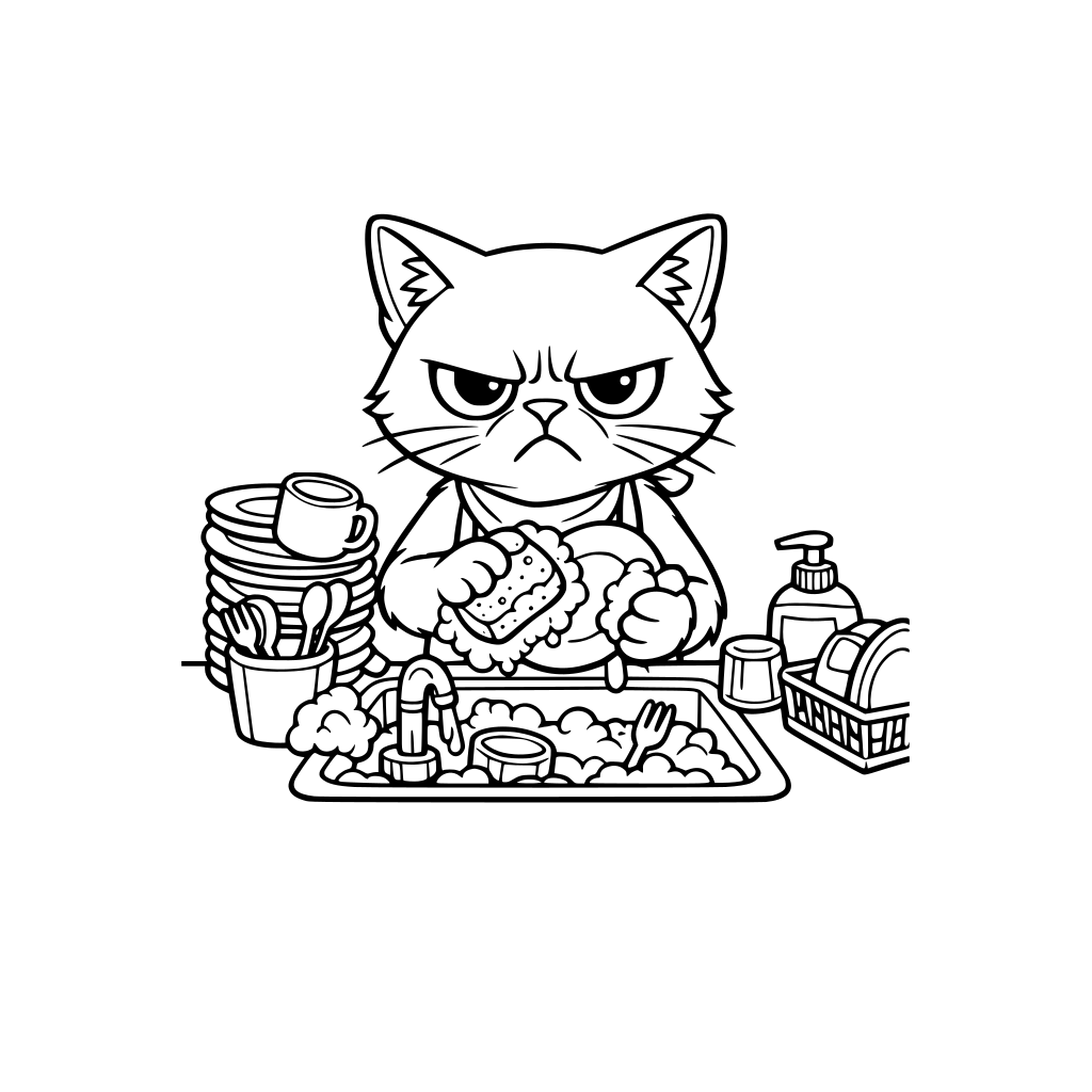 A grumpy cat doing the dishes.