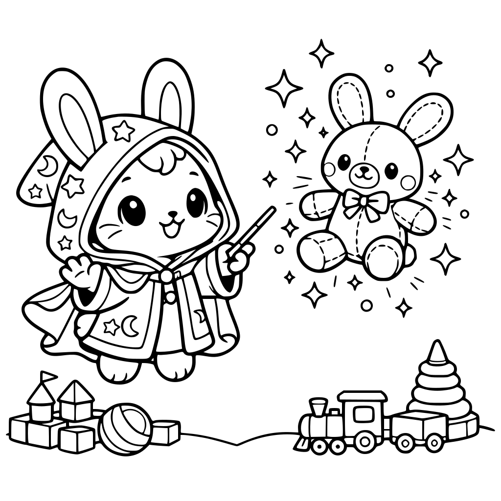 cartoon and kawaii-style bunny in a magic robe levitating toy bunny plush on toy land — plush floating, sparkles around