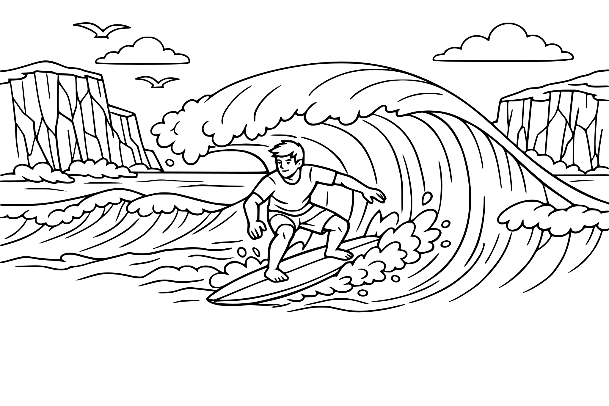 Beach with a surfer on a wave and a roaring ocean with big c