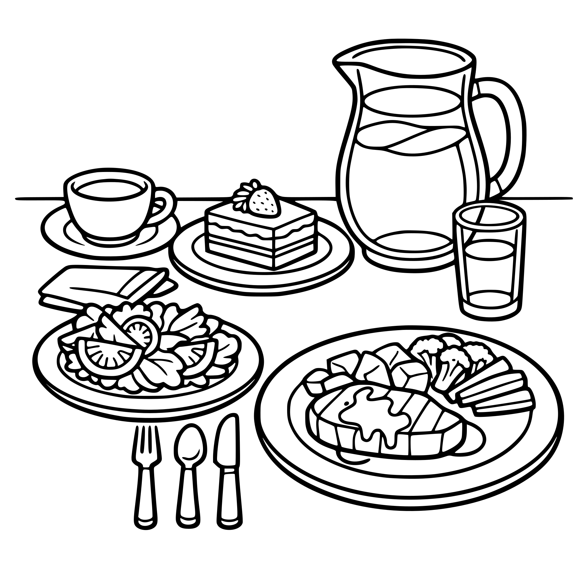 A dinner table with a 3 course meal on top of it. Include a picher of water on top