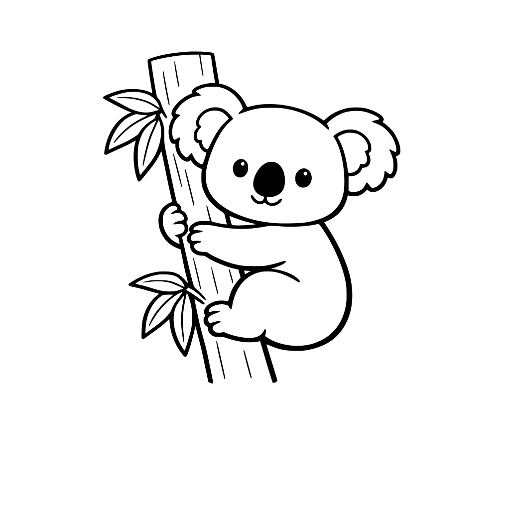 create a simple graphic of a baby koala bear holding onto a eucalyptus tree