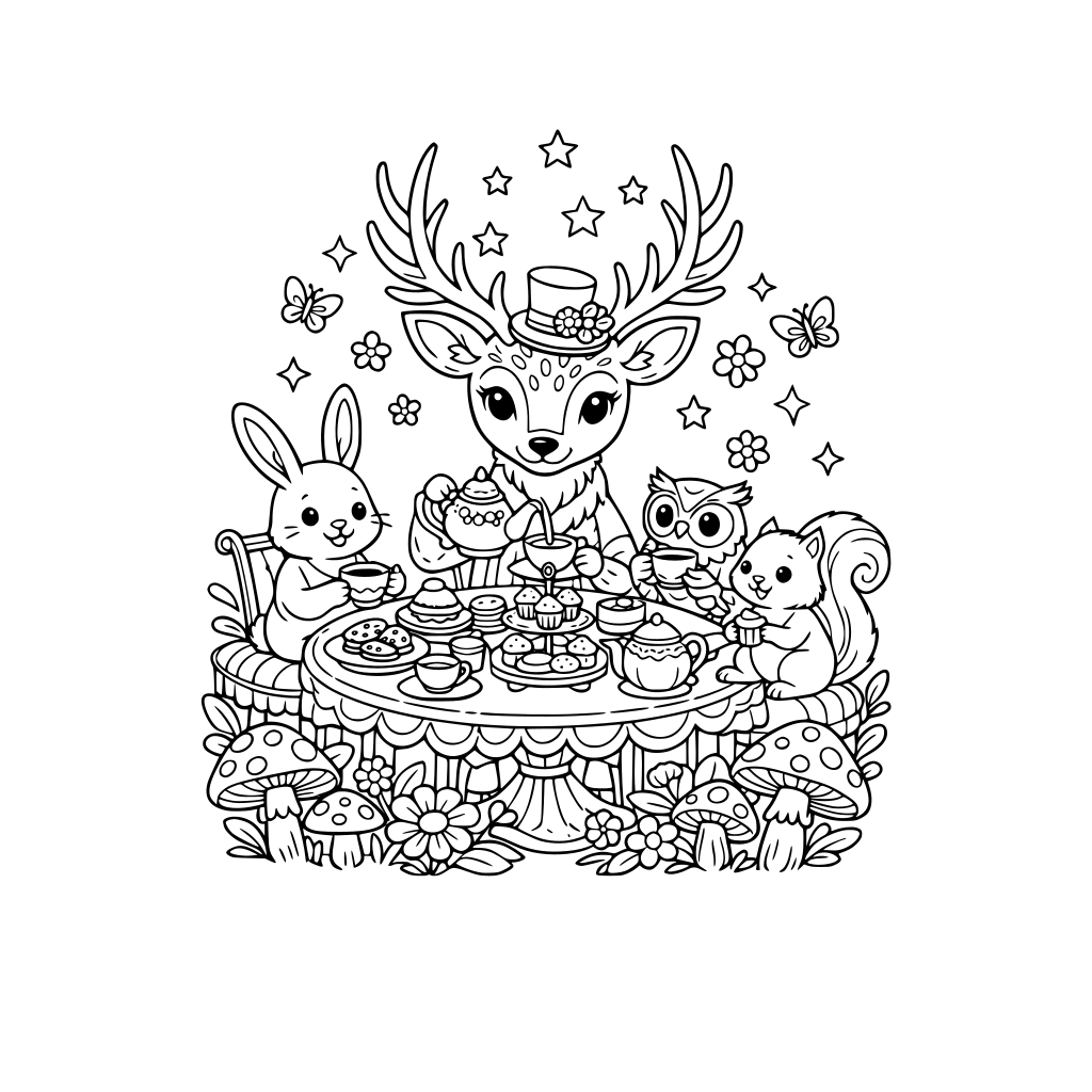 whimsical deer hosting a whimsical tea party in a whimsical forest with whimsical rabbit, whimsical owl, whimsical squirrel, on a whimsical table with whimsical tea and pastries, in a whimsical forest with whimsical plants
