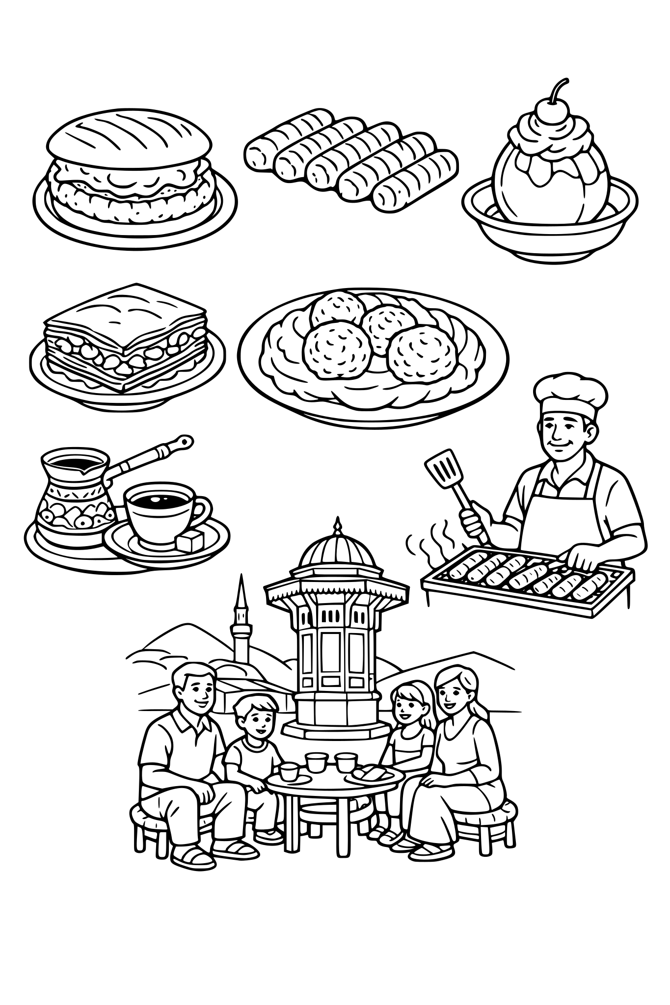 Rada bi, da se osredotočimo predvsem na naslednje ilustracije: pleskavica s kajmakom čevapi tufahija baklava čufte s pirejem turška kava žar mojster, ki peče čevapčiče družina, ki sedi in uživa v Baščaršiji
