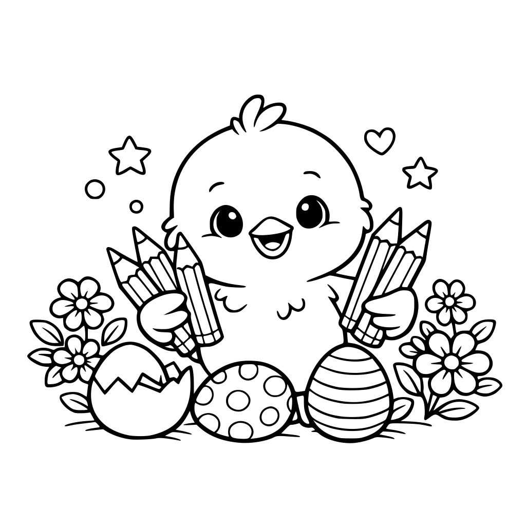 Cute little chick smiling, holding coloring pencils, eggs and flowers around, children coloring book cover, soft bright colors, clean background, space for Arabic title at top, friendly cartoon style, high quality