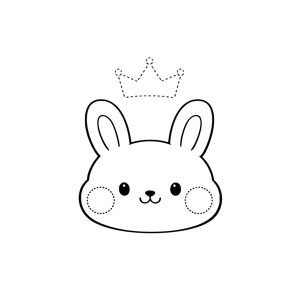 large cute bunny face centered with big cheeks and simple eyes, blank space above head labeled by outline guide for a crown (no crown drawn), and two empty earlobe areas with dotted circles where kids can draw earrings